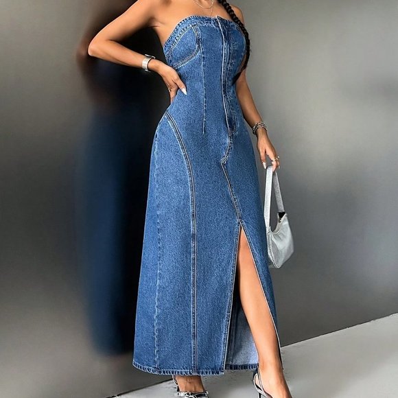 Blue Preppy Womens Split Thigh Tube Denim Dress - Picture 2 of 5